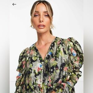 River Island draped metallic floral 80’s blouse